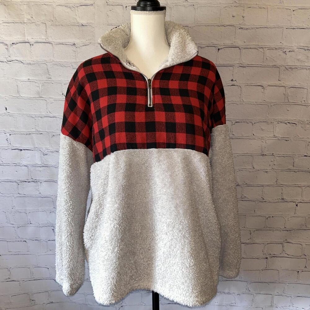 Sunshine and Rodeos Red Buffalo Plaid Fleece 1/4 Zip Pullover Oversized Small